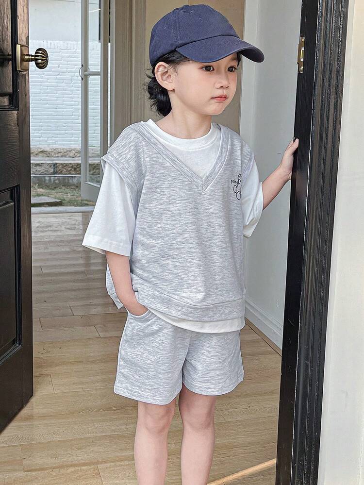 Conjunto de 2 Peças, Top Casual de Manga Curta com Decote em V e Shorts para Meninas Jovens, Looks de Verão para Meninas