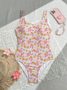 Swim Mod Traje de baño de una pieza veraniego y casual, sexy y de espalda descubierta, con estampado floral diminuto para vacaciones en la playa de las mujeres