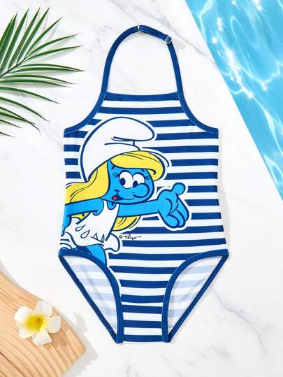 SHEIN X The Smurfs بدلة سباحة قطعة واحدة للفتاة الصغيرة ذات نقشات الفطور الأزرق والأبيض لأوقات العطلة الصيفية، ذات طبعة كارتونية لسمركات الحلوة ذات البلوزة الحاملة