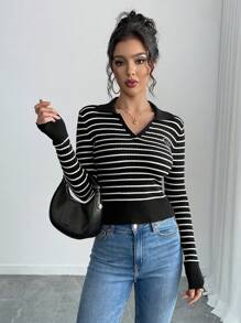Chiquease Stylish Color-Block Striped Knitted Long Sleeve Sweater Top, Heart Embroidery Ribbed Waist Design, Versatile For Women