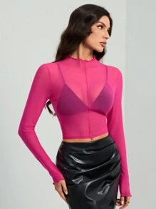 SHEIN Tall 长袖网眼黑色透明上衣简约时尚日常休闲 - 玫紅色 - 查看 6