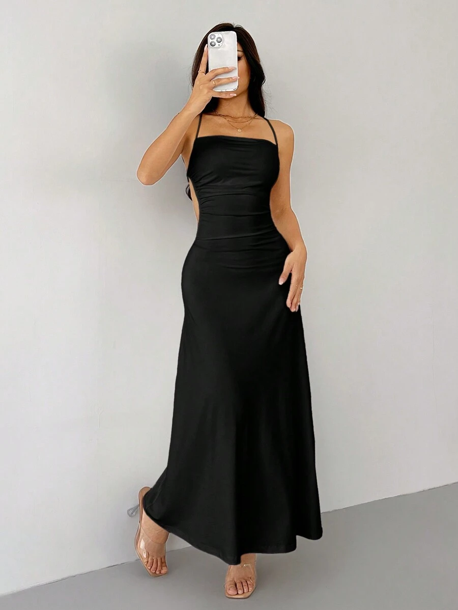 SHEIN PETITE White Ball Gown Spaghetti Strap Backless Tight Draped Neck Long Women's Dress - Black - View 1
