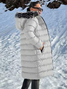 EURMUSE Áo khoác mùa đông lông giả lót lông có khóa kéo đôi - Màu Xám nhạt - Xem 6