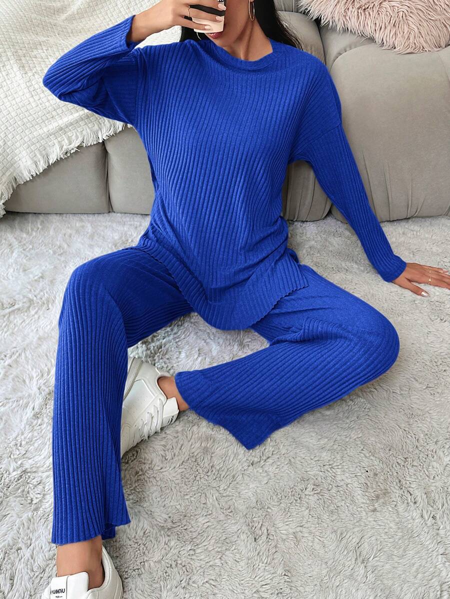 EURMUSE Cotton Solid Ribbed Knit Casual Drop Shoulder Tee & Pants Sets - Blue - View 1