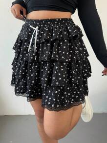 Flirla Plus Size Women's Cute Ruffle Trim Cake Skirt With Butterfly Print And Bow Decor