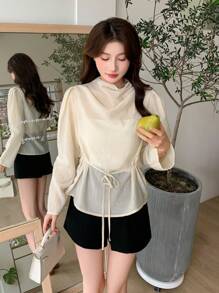 DAZY Women's Semi-High Collar Thin Casual Long Sleeve Shirt,Fall Women Clothes - Apricot - View 4