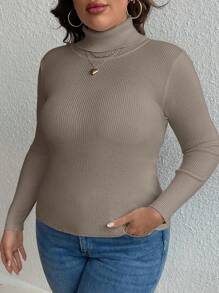 SHEIN Clasi 大码纯色高领毛衣，秋冬季休闲款 - 卡其色 - 查看 4