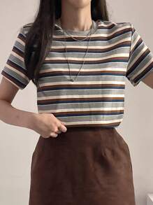 DAZY Camiseta de mujer de cuello redondo ajustada de rayas multicolor - Multicolor - Ver 6