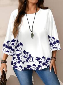 EMERY ROSE Koszula w stylu casual minimalistycznej, z nadrukiem, w dużym rozmiarze, z okrągłym dekoltem i rękawami 3/4, odpowiednia na jesień/zimę - Wielokolorowe - Zobacz 5