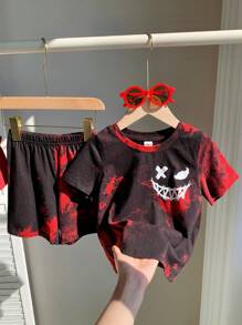 Young Boys Summer Casual Loose Smiling Face Tie Dye Print Short Sleeve Top And Elastic Waist Shorts Set,Suitable For Outdoor Play,School,Street,Party - Black - View 4