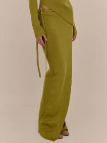 MUSERA 侧系带针织长裙，优雅春假可爱性感90年代假日毕业婚礼宾客秋夜外出秋冬日常时尚毛衣 - 橄欖綠 - 查看 5