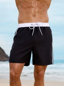 Manfinity VDAYZ Men's Letter Print Drawstring Waist Beach Shorts - Black and White - View 7