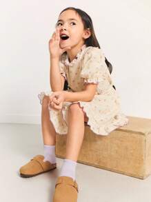 SHEIN Young Girls' Ruffled Collar Puff Sleeve Loose Polka Dot Printed Beige Blouse, Nature Inspired, Spring - Beige - View 7