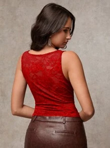 SHEIN BAE 女式复古勃艮第蕾丝紧身性感透视休闲百搭时尚蕾丝背心，性感红色蕾丝上衣，秋冬内搭背心，性感俱乐部派对，适合圣诞节、新年、感恩节、外出、音乐节