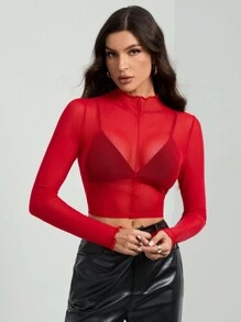 SHEIN Tall 高领长袖性感透视网眼上衣 - 紅色 - 查看 4