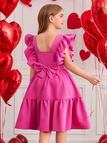 SHEIN Tween Girls' Square Neck Bow Cap Sleeve Dress, Suitable For Valentine's Day, Daily, Commute, Holidays Wear