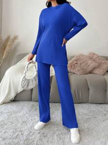 EURMUSE Cotton Solid Ribbed Knit Casual Drop Shoulder Tee & Pants Sets - Blue - View 4