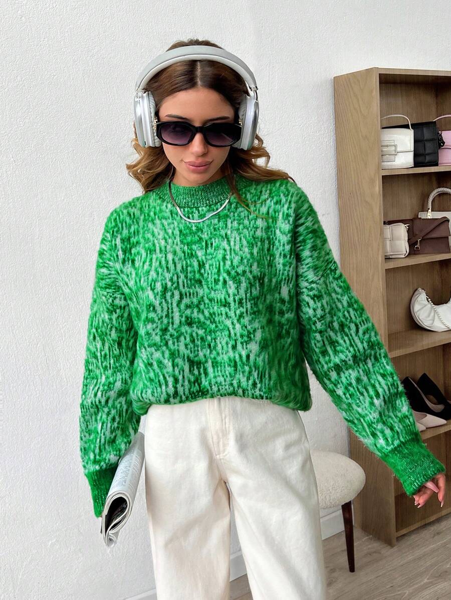 SHEIN Cottnline Casual Floral Print Fuzzy Blended Fabric Drop Shoulder Loose Knit Sweater, Autumn/Winter - Green - View 1