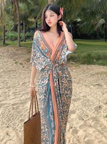 DAZY Women's Floral Print Self Tie Waist Kimono Cover Up With Batwing Sleeves, For Summer Beach Vacation Boho Cruise Women Outfits - Blue - View 8