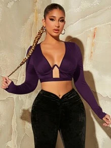 SHEIN SXY Women's Solid Color Deep V Neck Long Sleeve Sexy Cropped Camisole Top