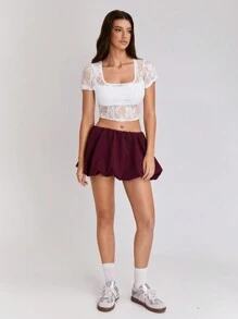 TRNVIE 1pc Women Burgundy Short, Bubble Skirt For Casual, Shopping, Commute