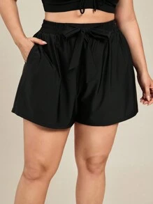 SHEIN Swim Curve Plus Size Elastic Waist Bowknot Drawstring Beach Pants, Suitable For Various Summer Beach Occasions - Black - View 1