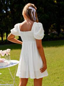 KARISMINA Women's Solid Color Short Sleeve Square Neck Puff Dress For Summer,White Graduation Dress,For Summer Vacation,Women Summer Clothing