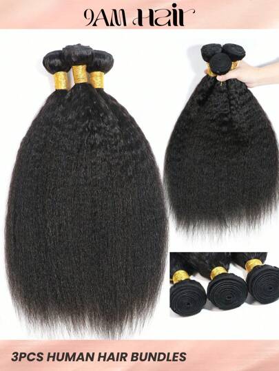 3pcs Yaki Straight Bundles Human Hair 100% Unprocessed Virgin Human Hair Kinky Straight Wave 3 Bundles Hair Extensions for Women Natural Black Color