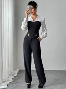 Chiquease 2pcs Set Women Patchwork Striped Lapel Long Sleeve Shirt & Straight Pants - Black and White - View 3