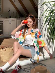 DAZY Women All-Over Print Turndown Collar Casual Short Sleeve Shirt Floral,Fall Clothes - Multicolor - View 6