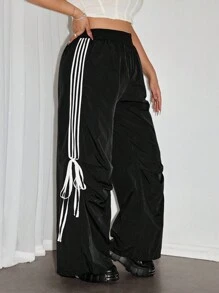 SHEIN ICON Pantalones informales de talle alto con cintura elástica, rayas laterales y cordón para mujer de tallas grandes