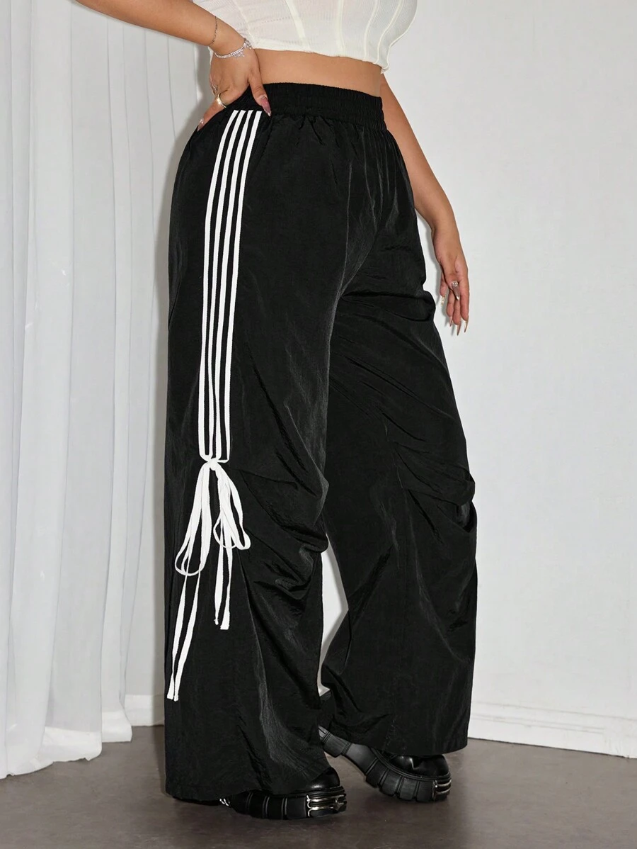 SHEIN ICON Plus Size Women Elastic Waist Side Stripe Drawstring Wide Leg Pants - Black and White - View 1