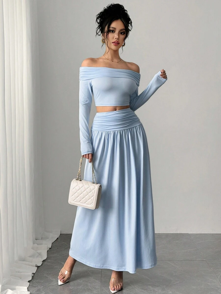 Chiquease Atmospheric Off Shoulder Top & High-Waist Pleated A-Line Skirt Set - Baby Blue - View 1