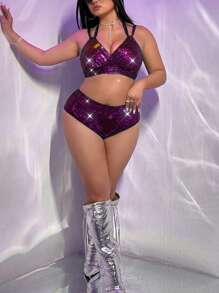 Swim EVENT Plus Size Women Shiny Fabric Spaghetti Strap Crop Top & Bottoms Set Swimwear, Sexy Party/Pool/Club Wear Summer - Purple - View 7