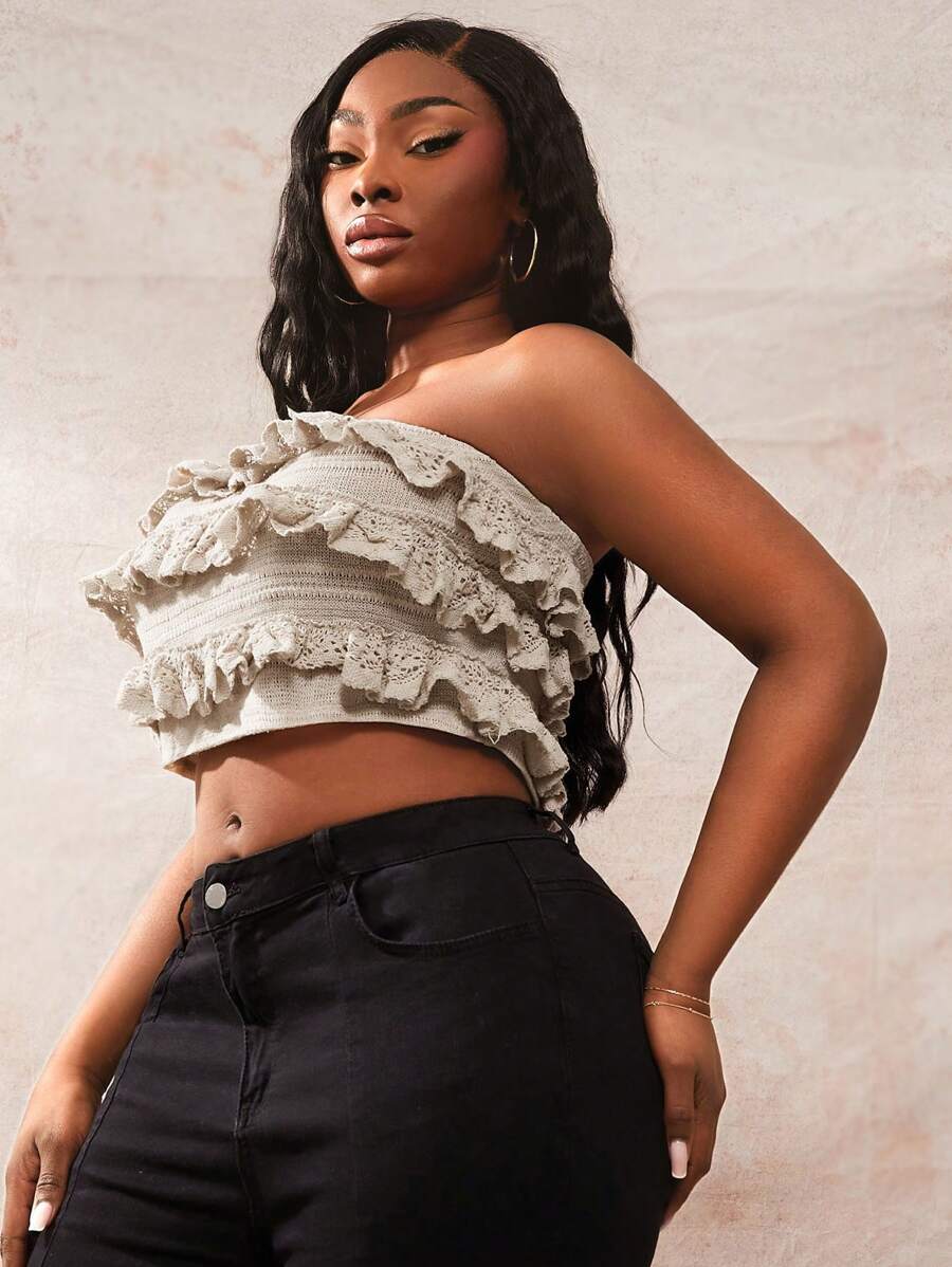 SHEIN SXY 大码女式春夏钩针亚麻色荷叶边抹胸，适合情人节/假期穿着 - 卡其色 - 查看 1