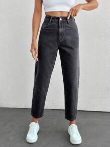 EURMUSE High Waist Slant Pocket Mom Fit Jeans - Black - View 5
