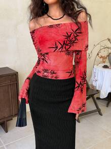 EastFlair Áo thun dài tay trễ vai thường ngày cho nữ, thời trang tối giản để mặc hàng ngày - Đỏ - Xem 1