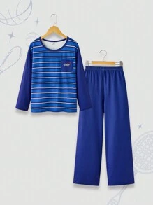 Teen Boys' Round Neck Long Sleeve Simple Casual Everyday Top And Pants Home Wear Set - Blue - View 1