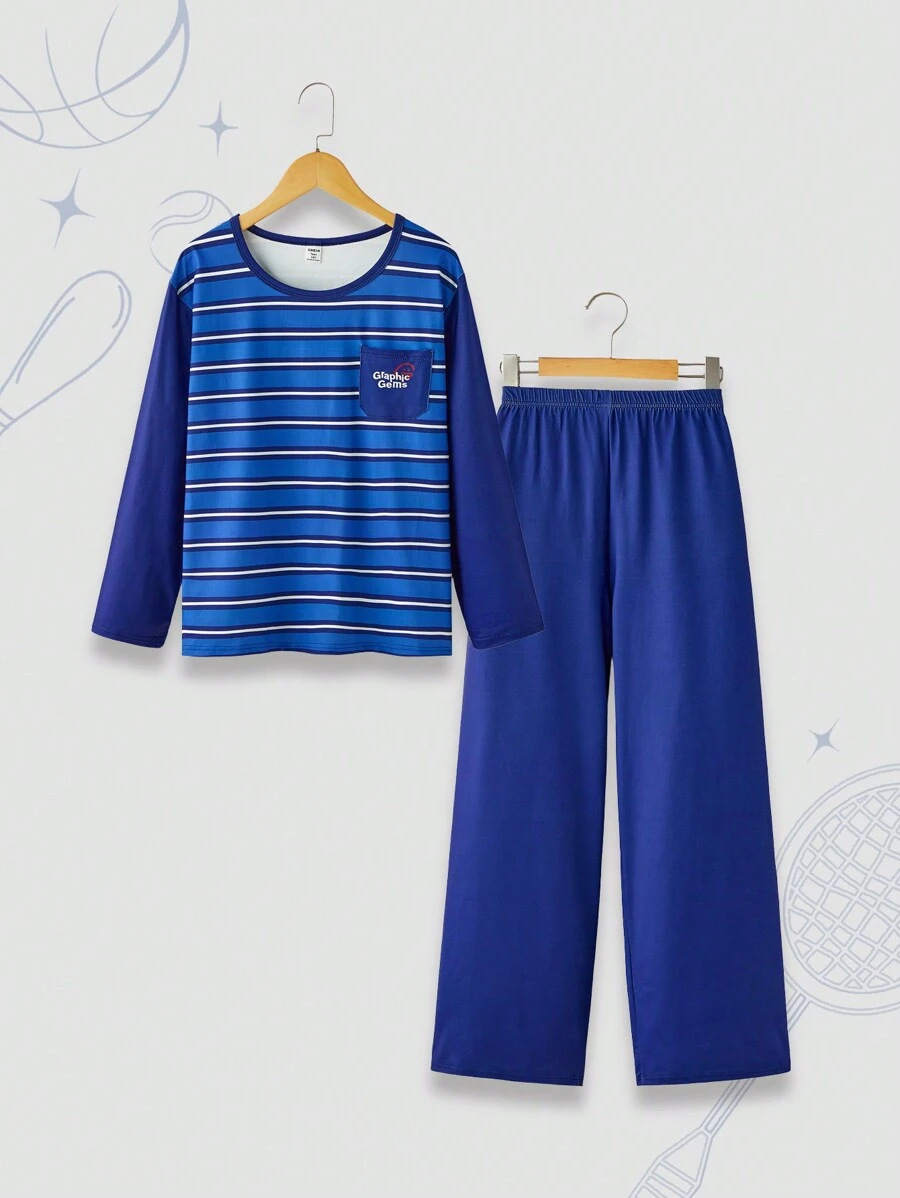 Teen Boys' Round Neck Long Sleeve Simple Casual Everyday Top And Pants Home Wear Set - Blue - View 1