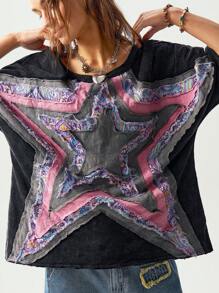 Bohemela BOHO Women's Casual Knitted Embroidered Star Pattern Round Neck Short Sleeve Loose Washed T-Shirt - Black - View 5