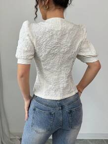 Chiquease Women's Casual Square Collar Flower Decor Bubble Short Sleeve Cropped Blouse