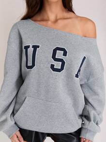 TRNVIE 1st Dames Fleece Sweatshirt Met Borduurontwerp, Open Schouder, Casual, Dagelijkse Kleding Voor De Winter