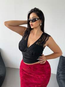 POPSWAY Plus Size Simple Lace Patchwork Casual Top, For Everyday Wear