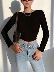 INAWLY 女士纯色露背圆领长袖 T 恤