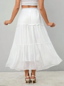 SHEIN Tall Ruffle Skirt Boho Long Skirt Break Solid Frill Trim Ruffle Hem White Skirt - White - View 2