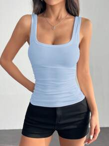 SHEIN PETITE 休闲百搭白色深 U 领工字背心