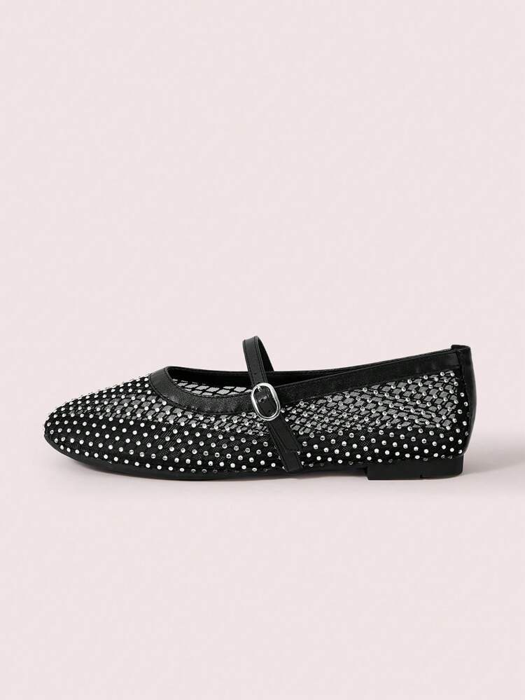 CUCCOO DOLLMOD Women's Round Toe Flats With Rhinestone Decor, Black Mesh Fabric, Fashion Comfort Daily And Party Strap Flat Shoes Spring Shoes Spring Break Easter For Christmas Spring Shoes