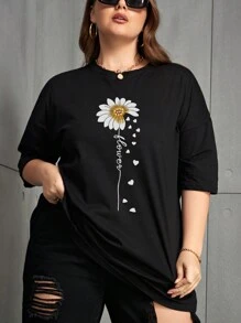 INAWLY Plus Size Women Floral Print Round Neck Short Sleeve Casual Top For Summer - Black - View 6