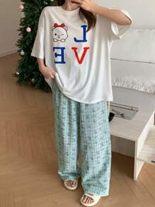 DAZY 2 件套卡通印花宽松短袖女士睡衣套装 - 白色 - 查看 3