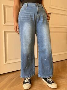 Dazy Petite Plus Butterfly Embroidered Wash Straight Leg Jeans, Suitable For All Seasons - Blue - View 5